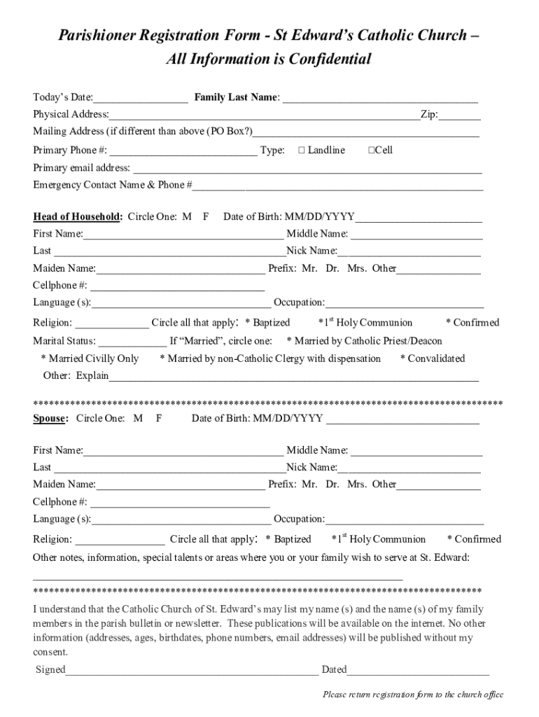 Fillable Online Parishioner Registration Form - St Edward's Catholic ...