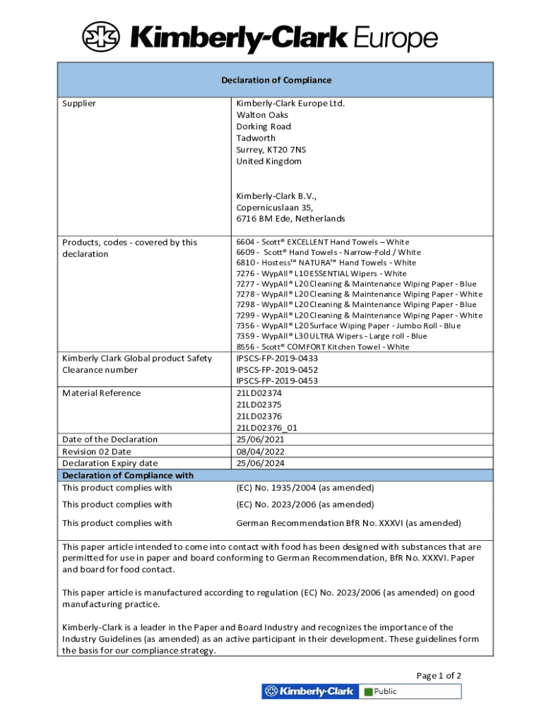 Fillable Online Page 1 of 2 Declaration of Compliance Supplier Fax