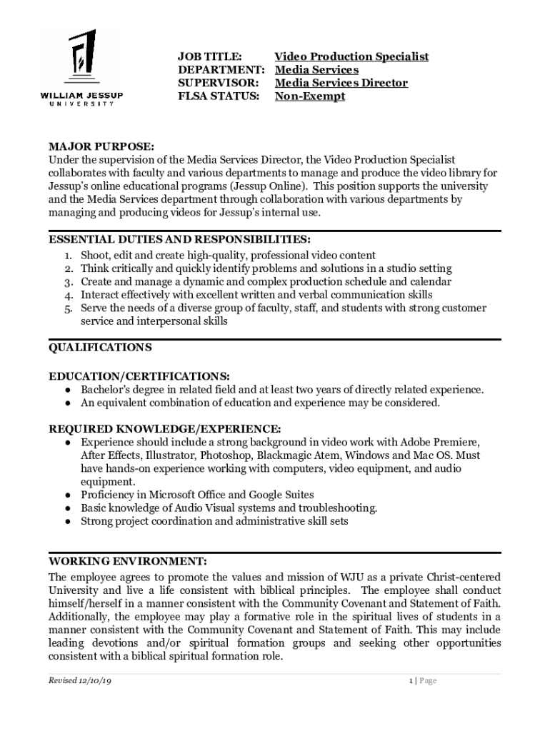 Fillable Online JOB TITLE Video Production Specialist DEPARTMENT Fax