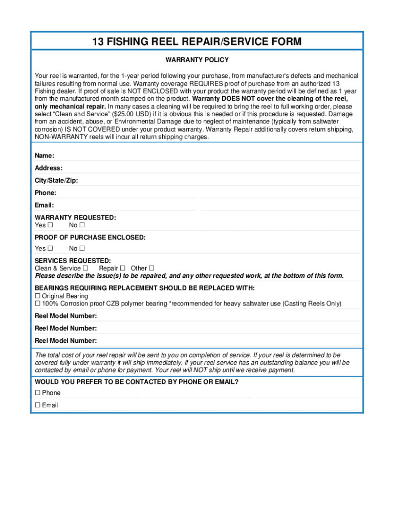Fillable Online 13 FISHING REEL REPAIR/SERVICE FORM Fax Email Print
