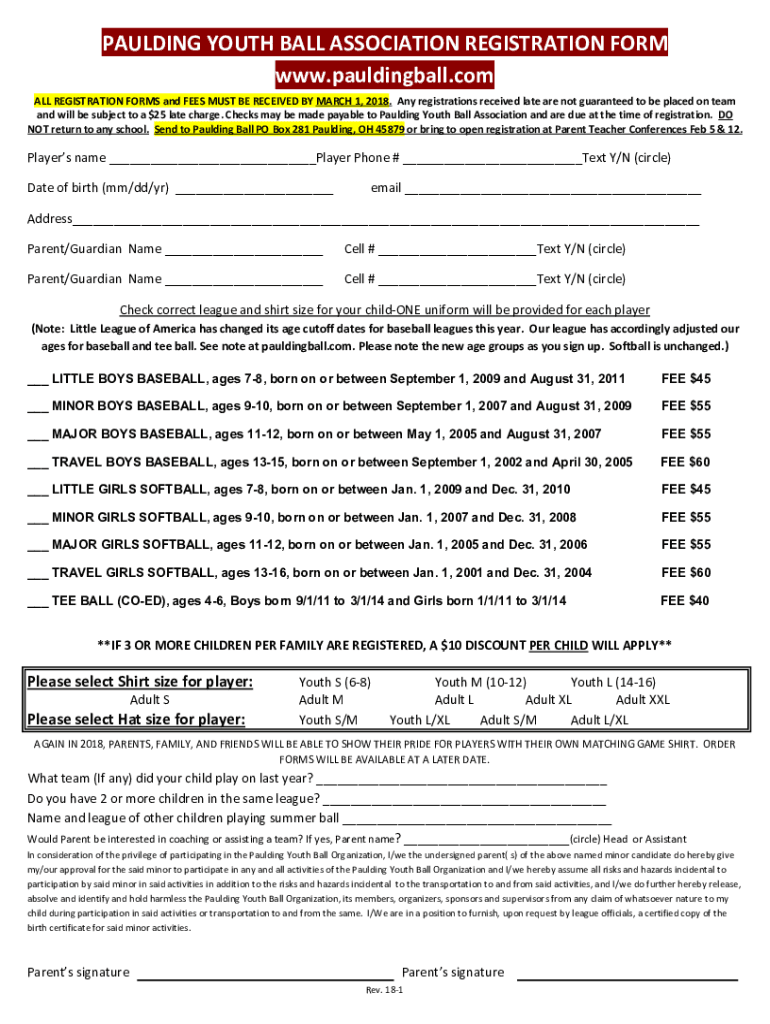 Fillable Online 2022 paulding youth ball association registration form Fax Email Print pdfFiller