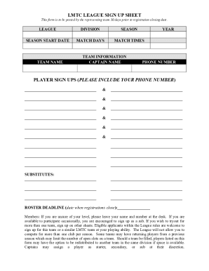 Fillable Online League Signup Form Template Fax Email Print - pdfFiller