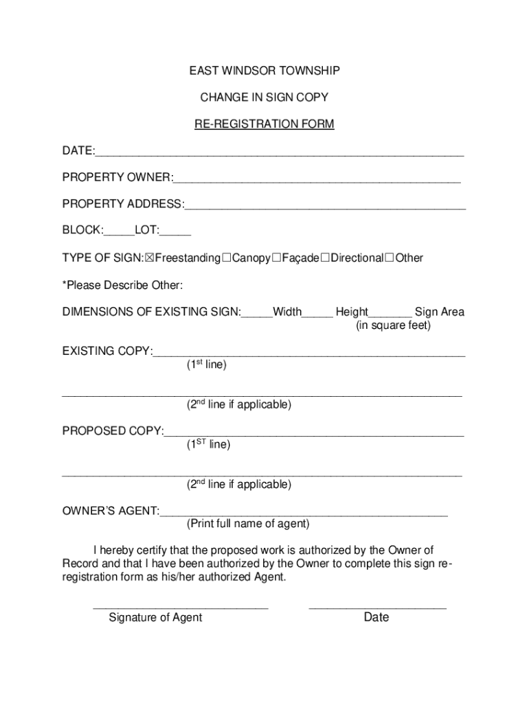 Fillable online zoning change in sign copy re registration form fax