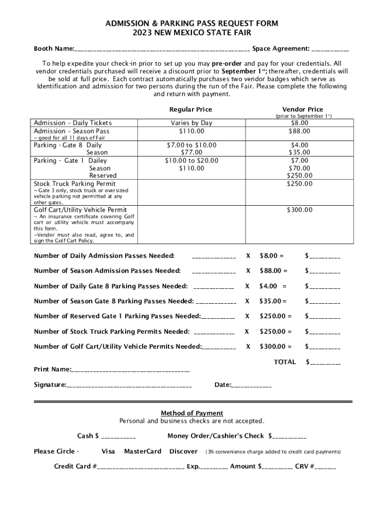 Fillable Online admission & parking pass request form 2023 new mexico