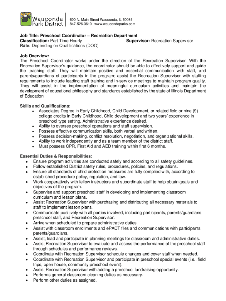 Fillable Online Park District Jobs, Employment in Wauconda, IL Fax