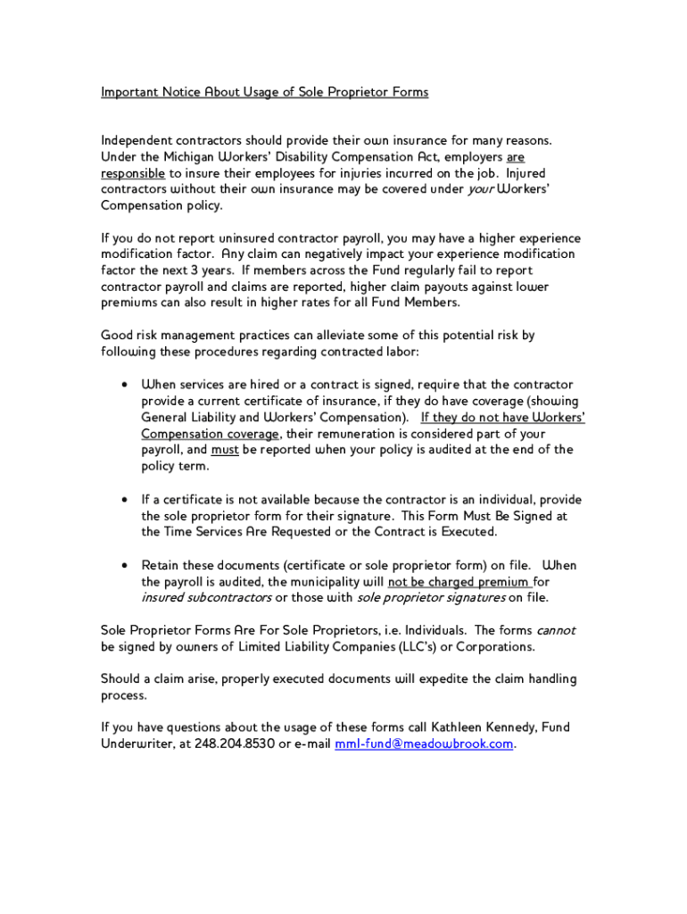 Fillable Online IMPORTANT NOTICE ABOUT USAGE OF SOLE PROPRIETOR FORMS