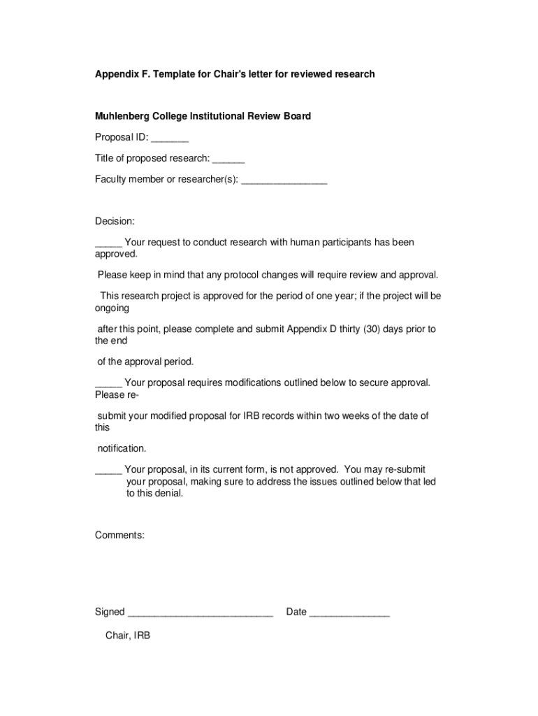 Fillable Online Appendix F. Template for Chair's letter for reviewed ...