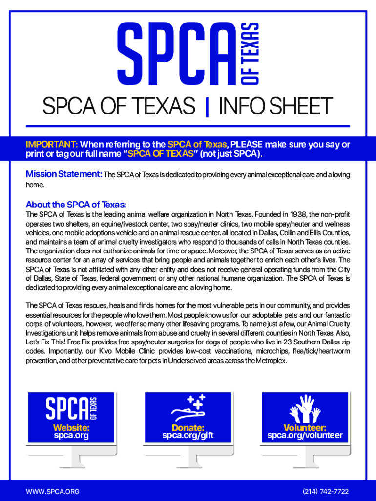 Fillable Online SPCA OF TEXASINFO SHEET Fax Email Print pdfFiller