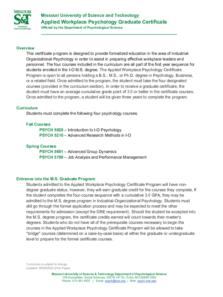 Fillable Online psych mst Applied Workplace Psychology Graduate Certificate Fax Email Print