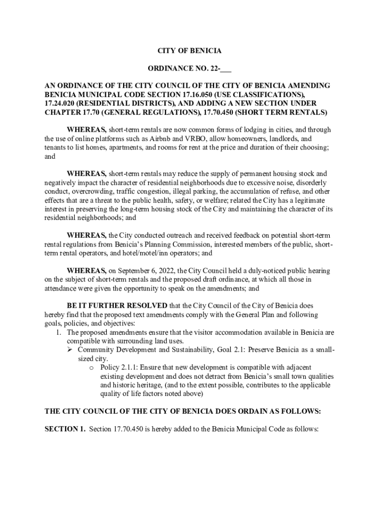 Fillable Online Ordinance Amending the Benicia Municipal Code (Zoning