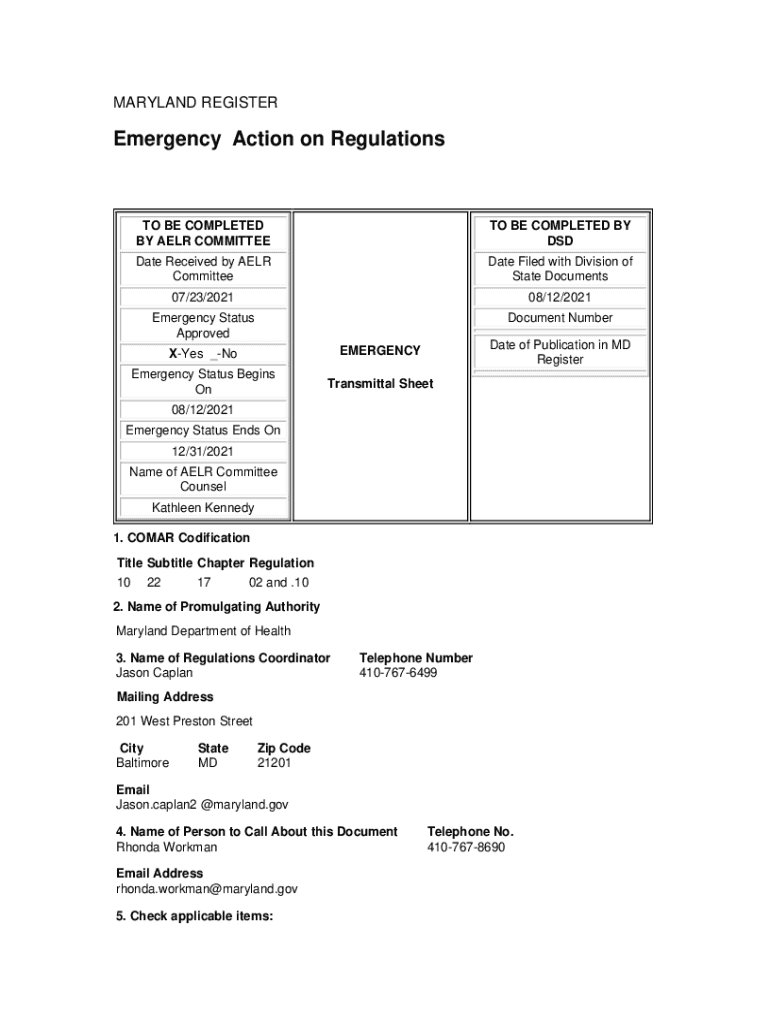 Fillable Online Emergency Regulation Maryland Department of Health