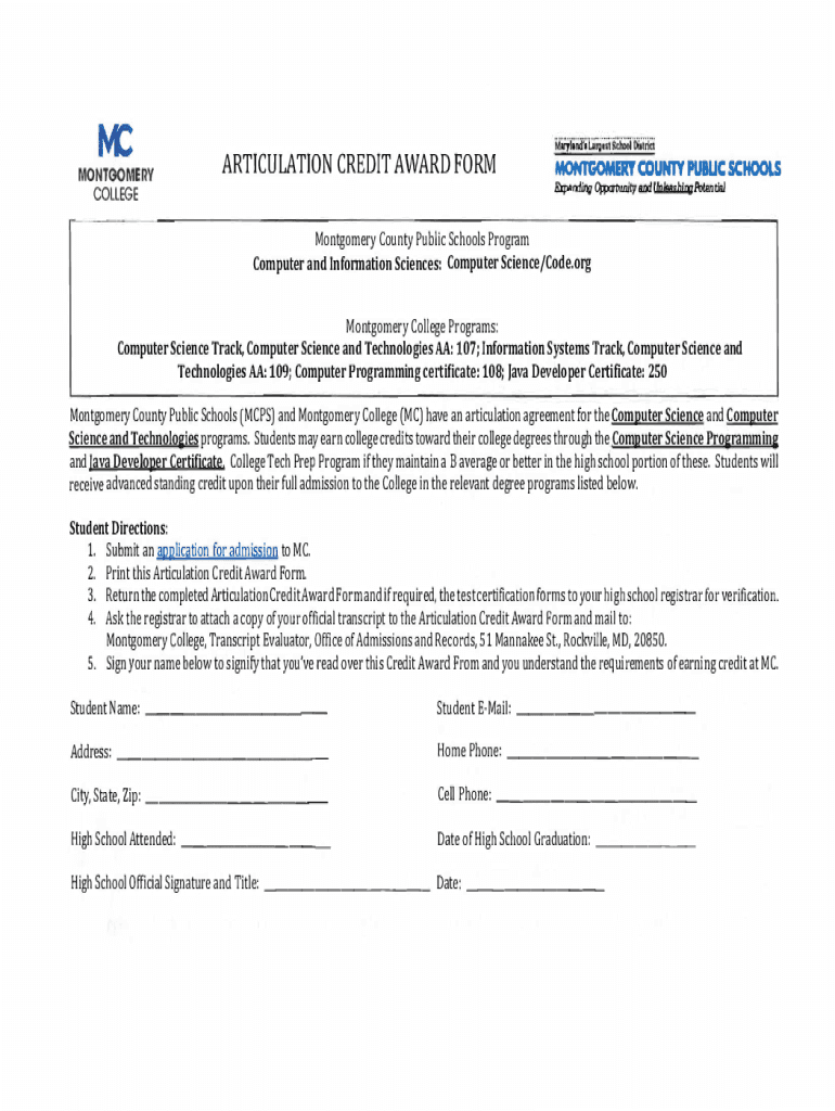 Fillable Online ARTICULATION CREDIT AWARD FORM Fax Email Print pdfFiller