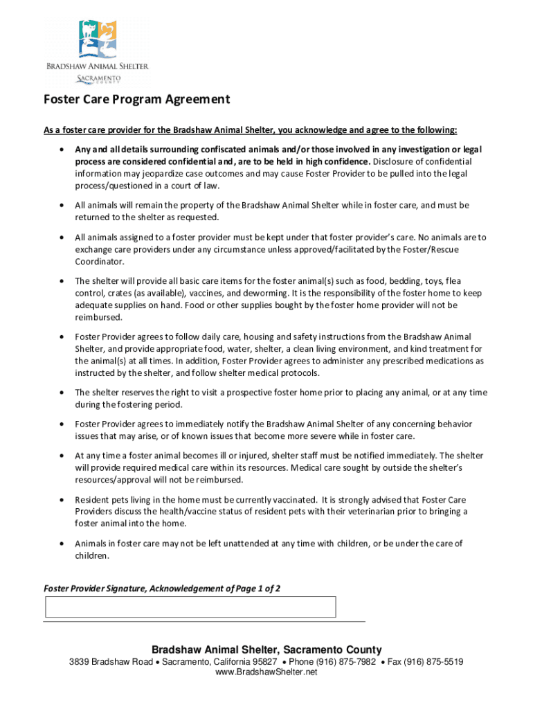 Fillable Online Foster Care Program Agreement Bradshaw Animal Shelter