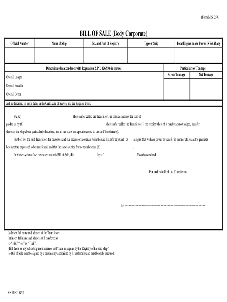 Form MS 35A BILL of SALE Body Corporate Preview on Page 1