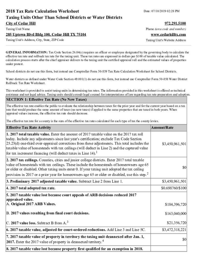 Fillable Online 2019 Tax Rate Calculation Worksheet Panola County
