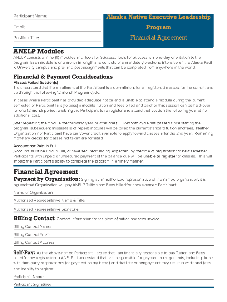 Alaska Native Executive Leadership Program Financial Preview on Page 1