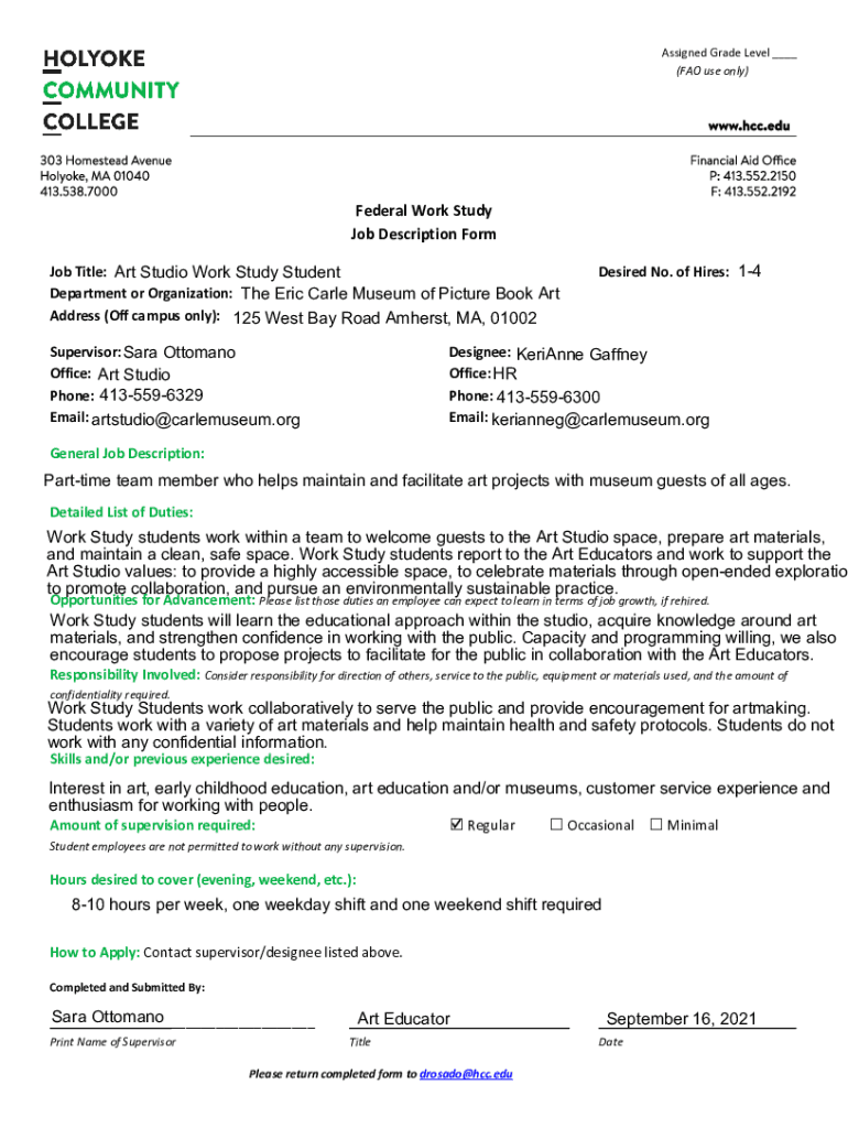 Fillable Online Federal Work Study Job Description Form Art Studio