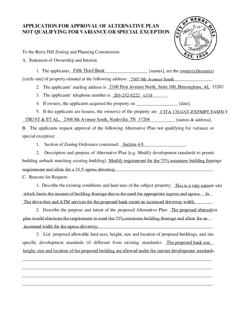 Fillable Online Berry Hill APPLICATION FOR APPROVAL OF ALTERNATIVE