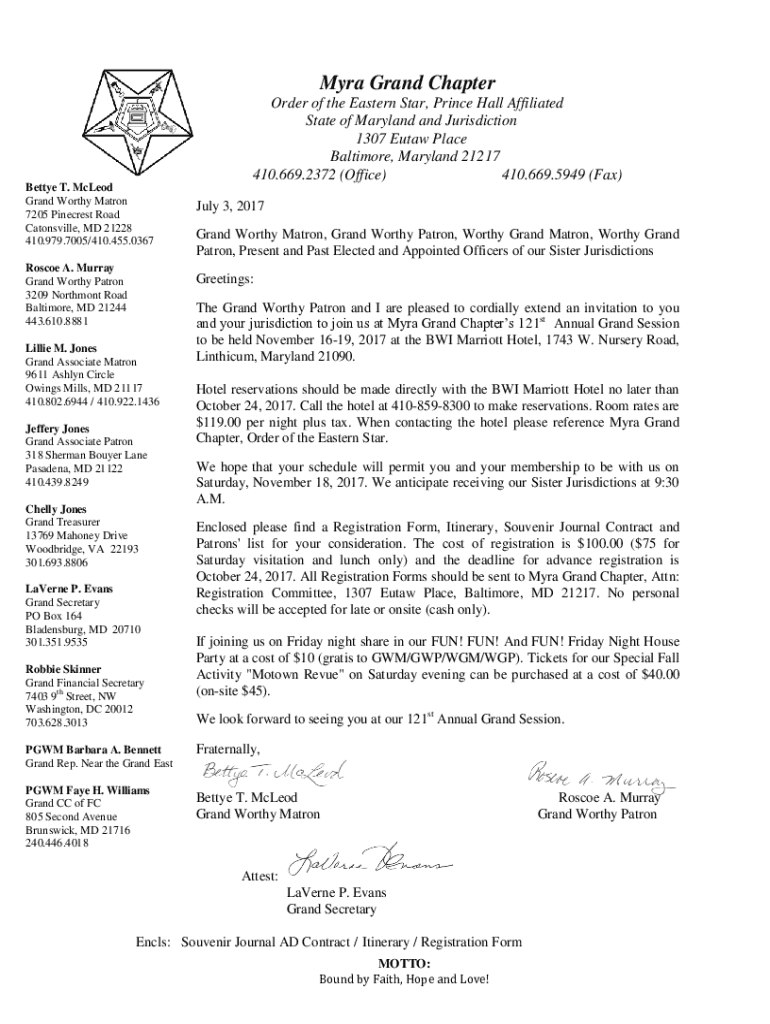 Fillable Online Myra Grand Chapter Order of The Eastern Star Prince