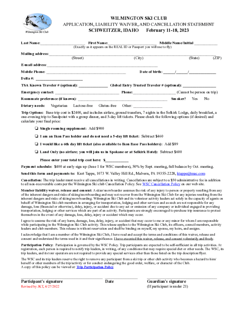 Fillable Online wilmington ski club application, liability waiver, and ...