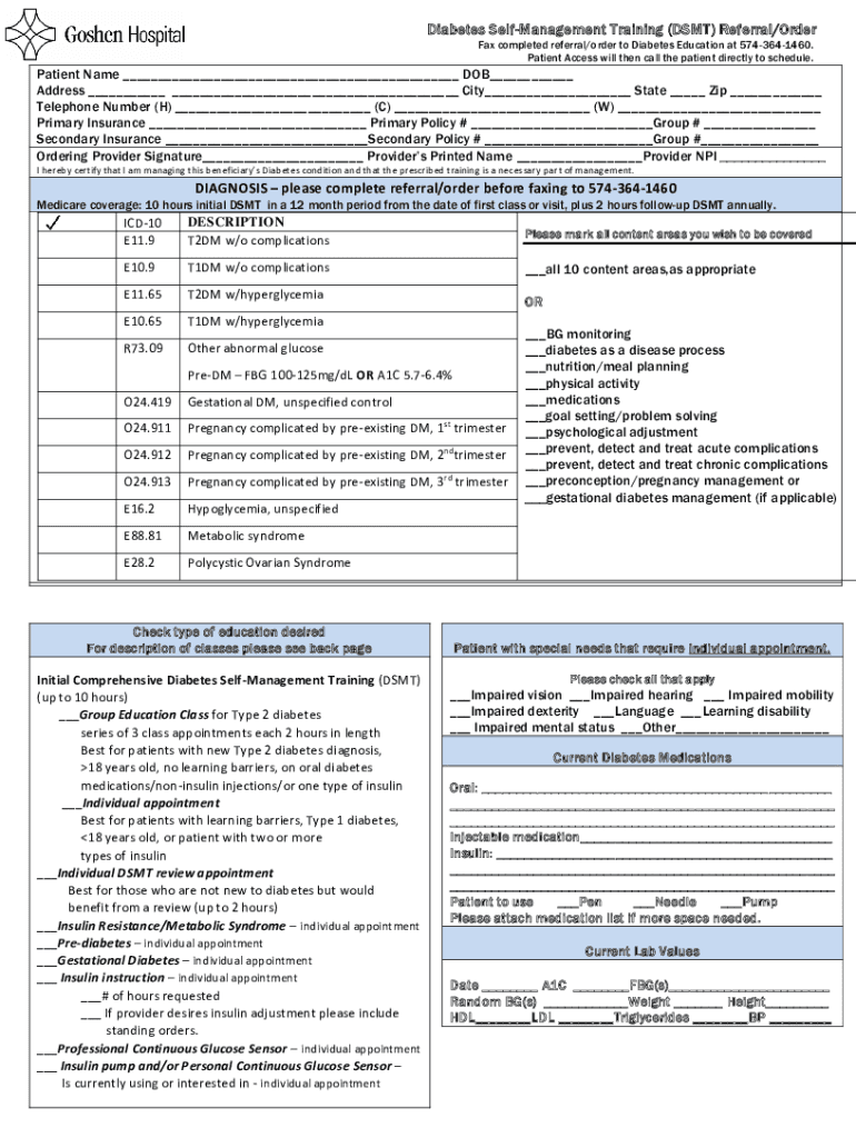 Fillable Online Diabetes SelfManagement Education/Training Referral Form Fax Email Print