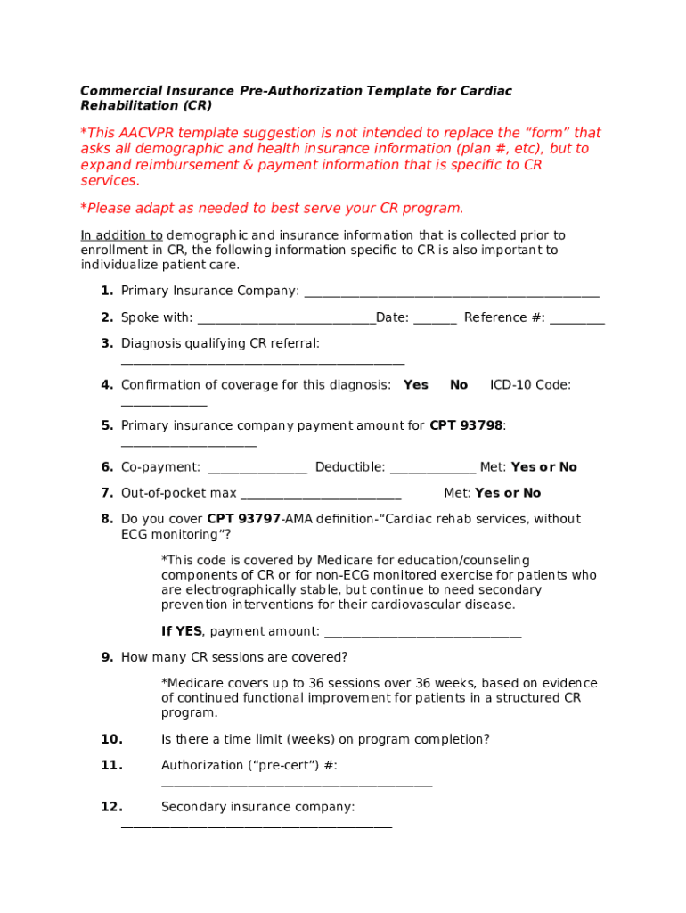 Cardiac Rehab PreAuthorization Template Doc Template pdfFiller