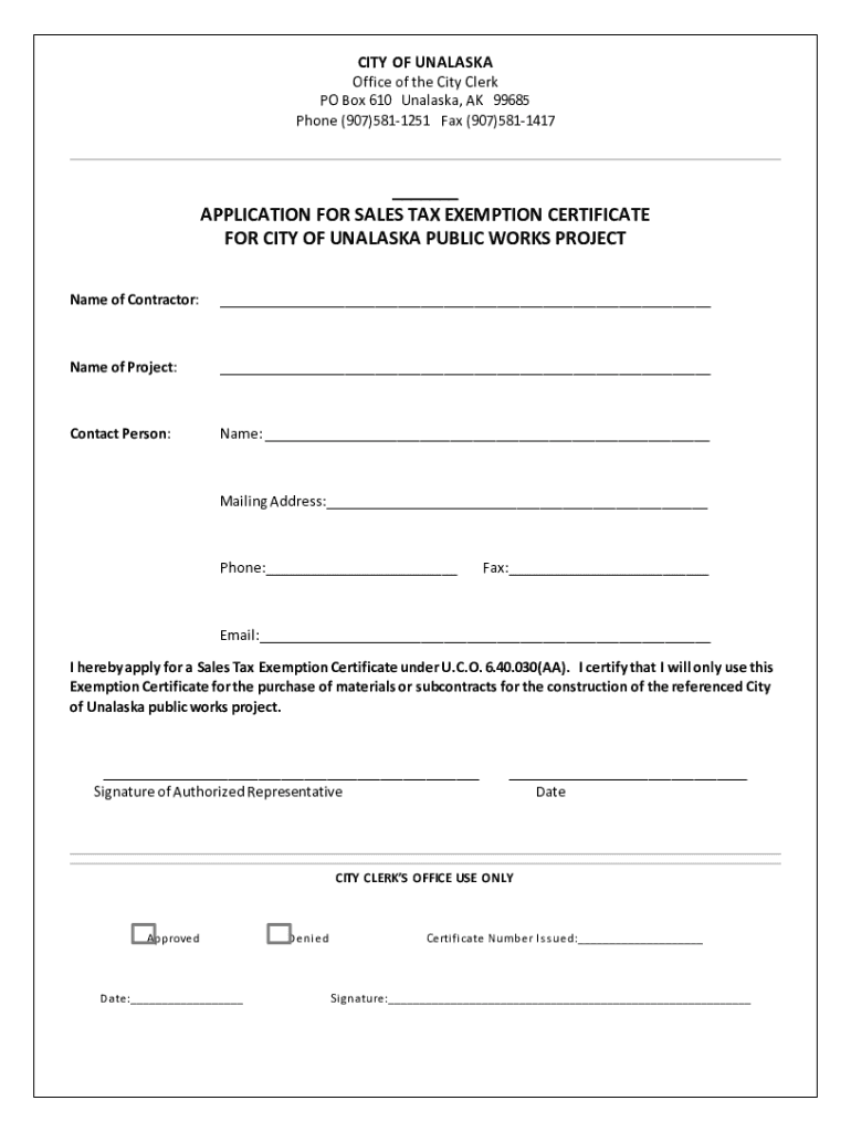 Fillable Online Application for Sales Tax Exemption City of