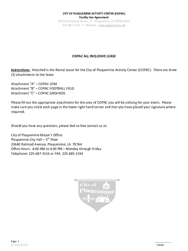 Fillable Online Attached is the Rental Lease for the City of Plaquemine