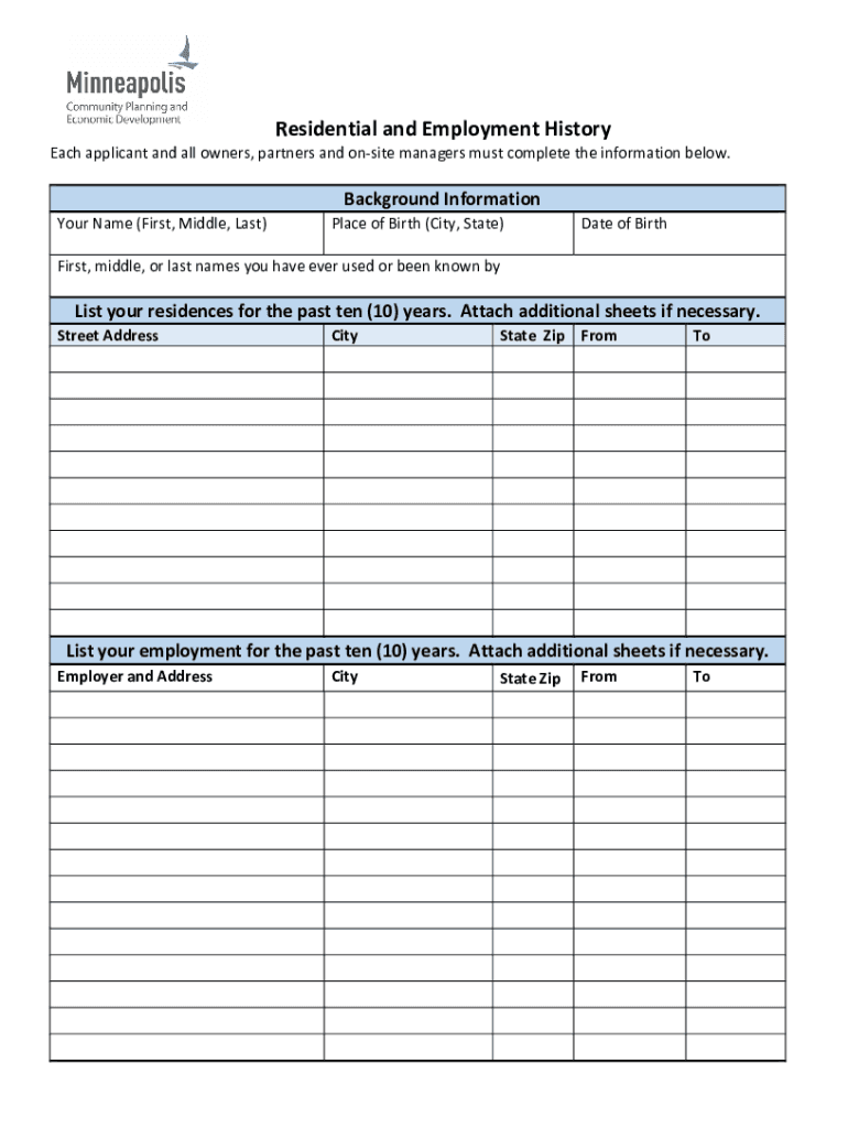 Fillable Online Residential and Employment History Form. CPED Business ...