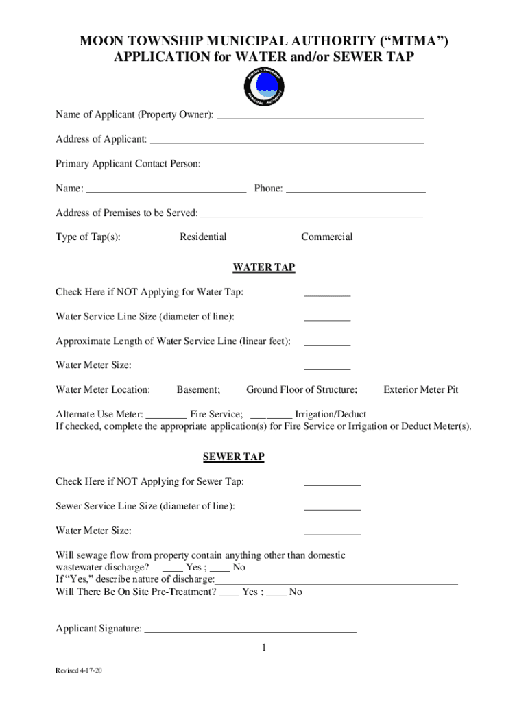 Fillable Online MOON TOWNSHIP MUNICIPAL AUTHORITY (MTMA) APPLICATION