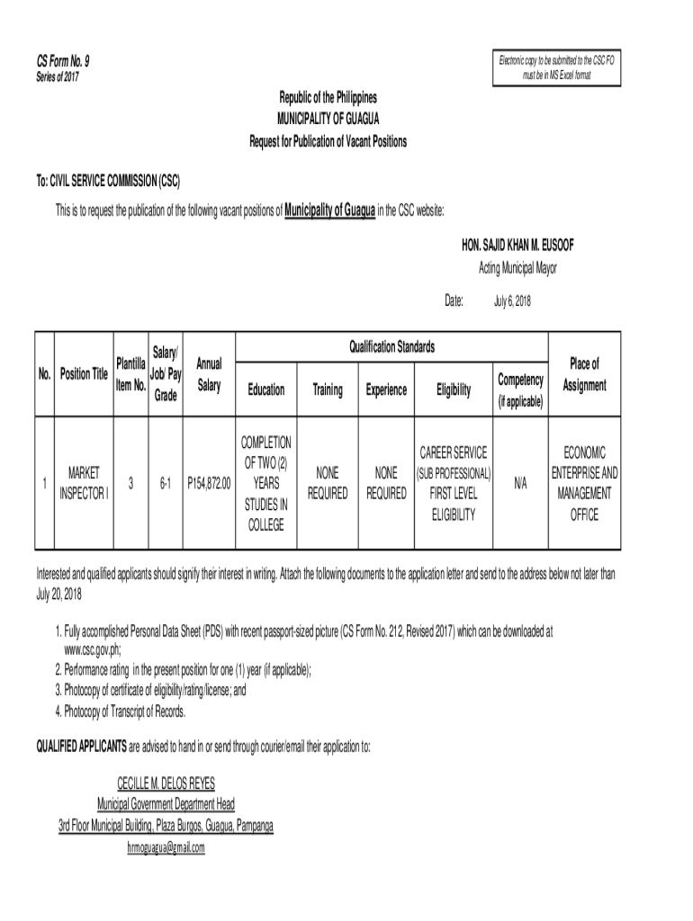 Fillable Online CS Form No. 9 Guagua Water District Official site Fax Email Print pdfFiller