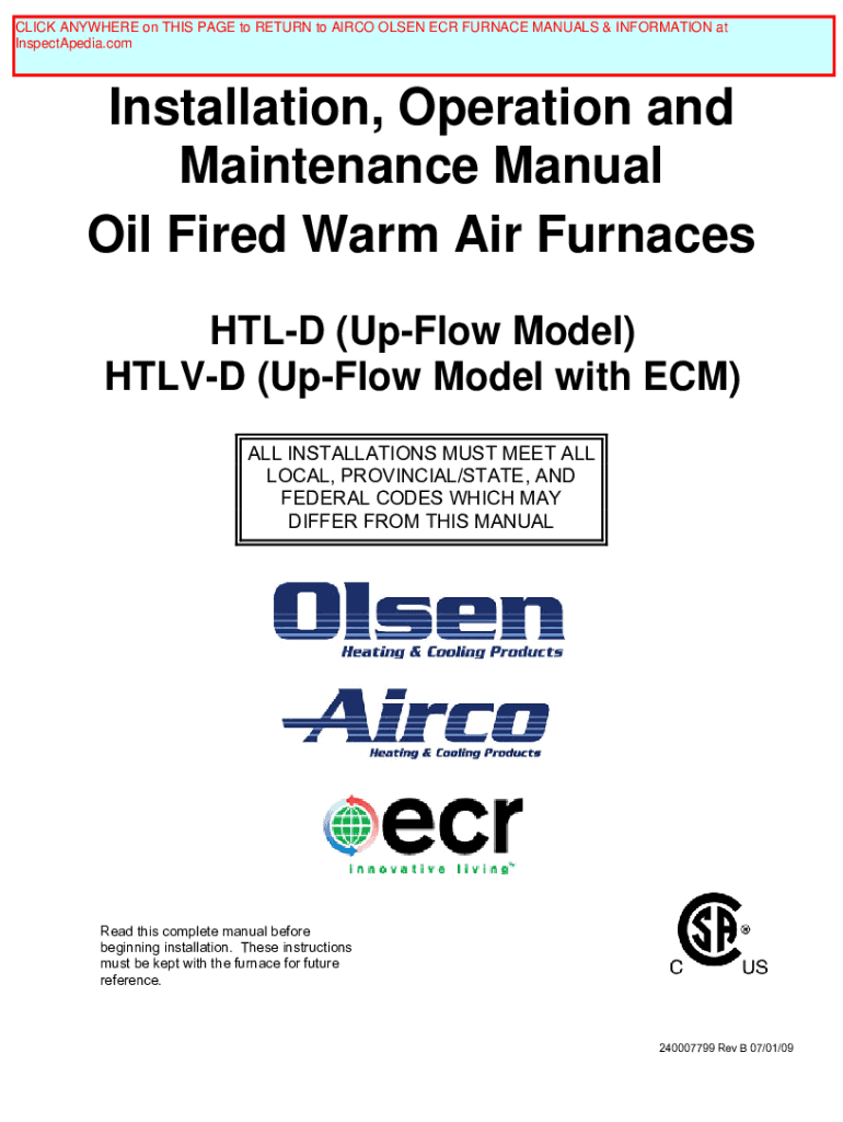 Fillable Online Airco ECR Olsen Furnace Manual Installation, Operation