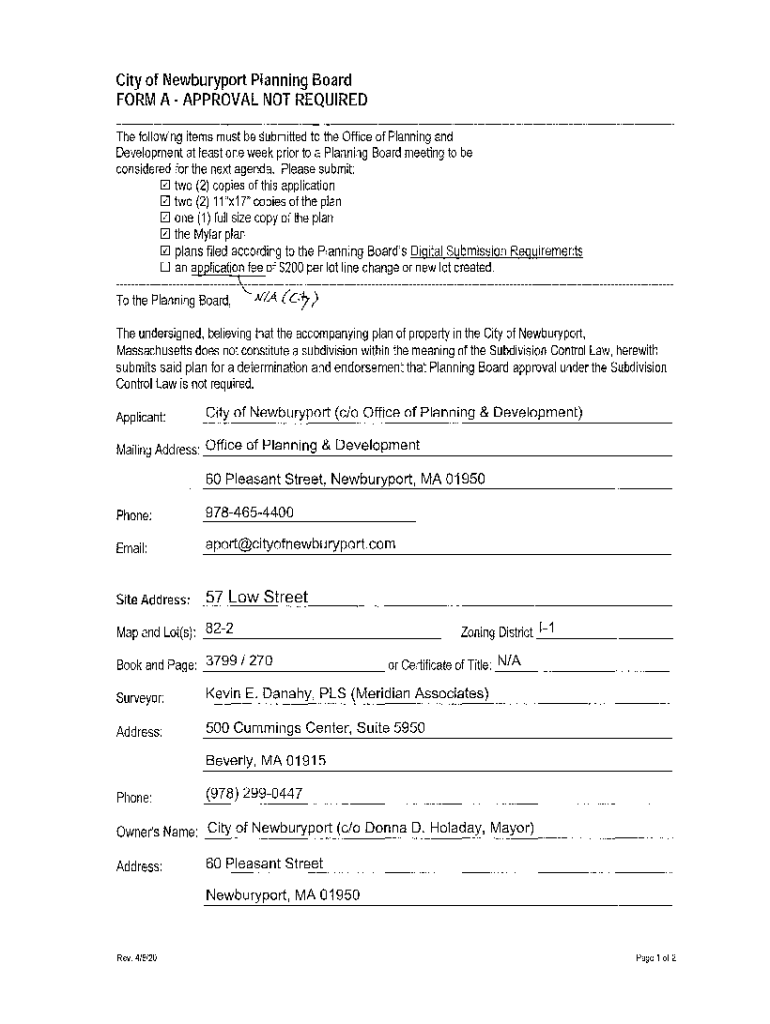 Fillable Online City of Newburyport Planning Board FORM A APPROVAL Fax Email Print pdfFiller