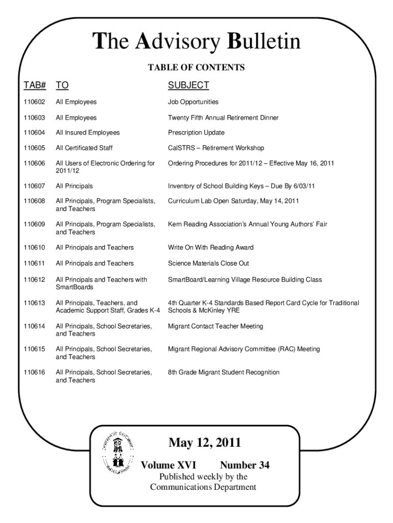 Fillable Online Fillable Online The Advisory Bulletin TABLE OF CONTENTS