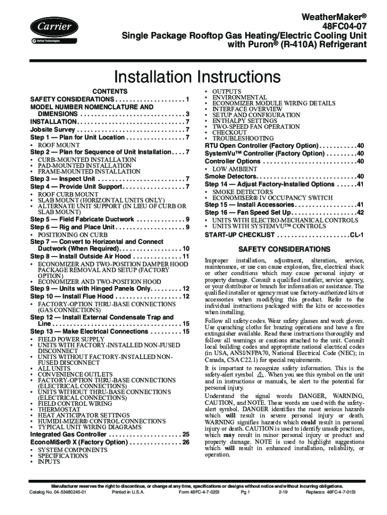 Fillable Online Carrier WeatherMaker Puron 48FC 04 Series Installation