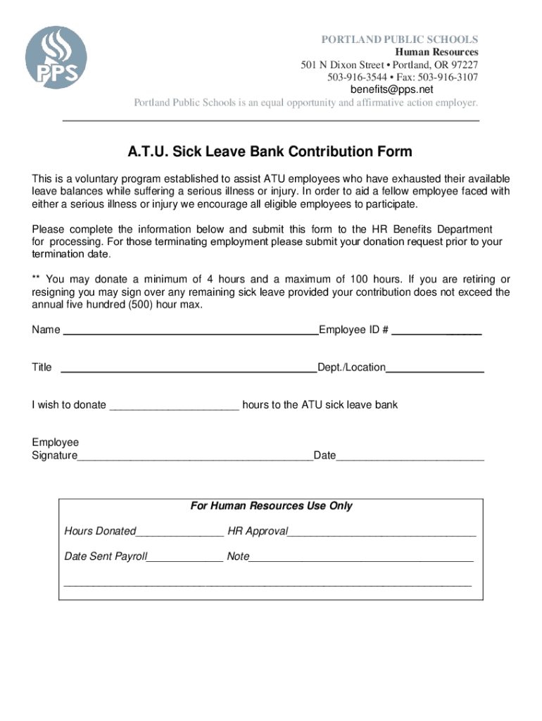 Fillable Online A.T.U. Sick Leave Bank Contribution Form Fax Email