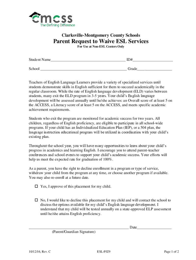 Fillable Online English as a Second Language Program Waiver Fax Email