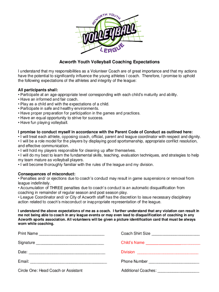 Fillable Online Volunteer Coaches Standards and Expectations Fax Email