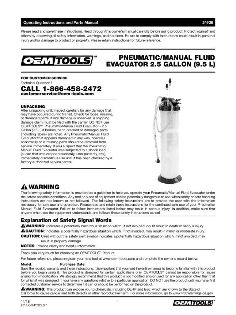 Fillable Online pneumatic/manual fluid evacuator 2.5 gallon (9.5 l) Fax