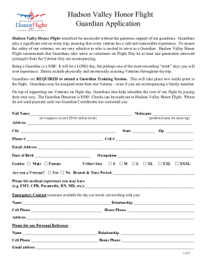 Hudson Valley Honor Flight Guardian Application