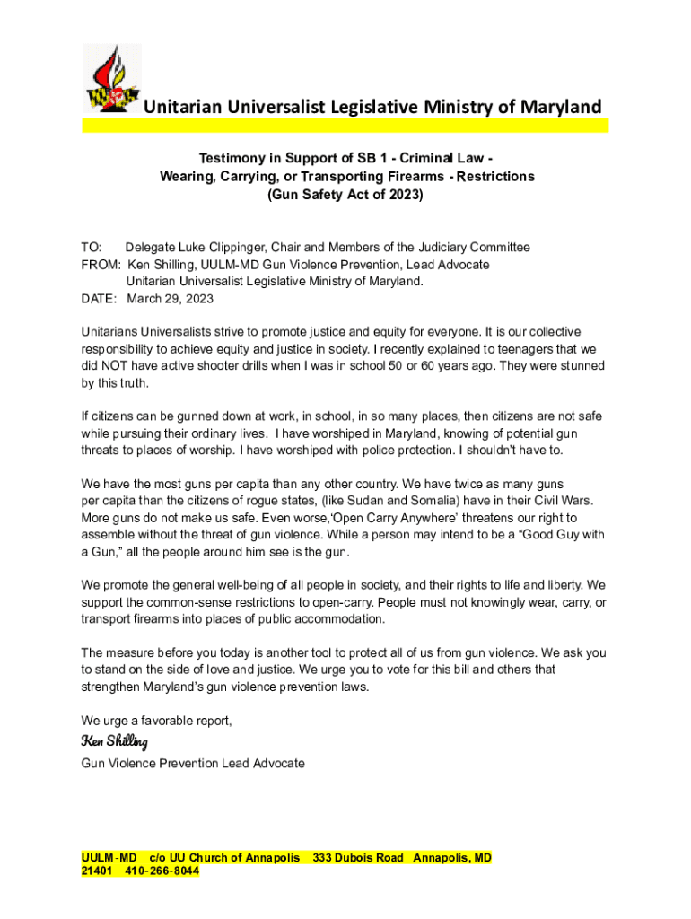 Fillable Online Testimony Support SB 1 Gun Safety Ken Shilling