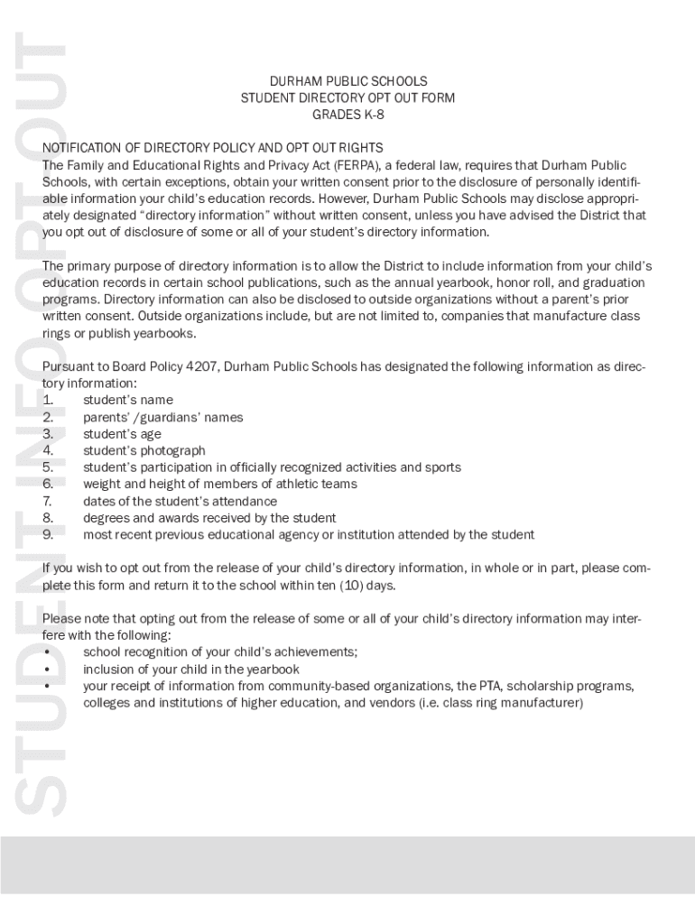 Fillable Online Student Directory Information Opt Out Form ... Fax ...
