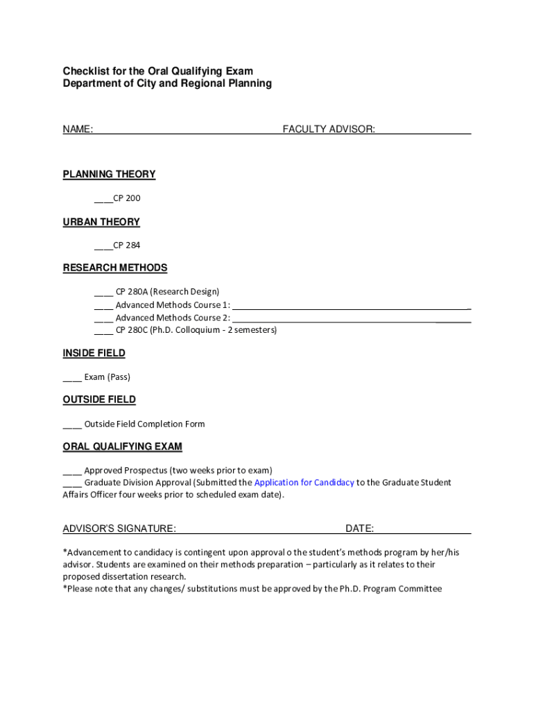 Fillable Online ced berkeley Checklist for the Oral Qualifying Exam
