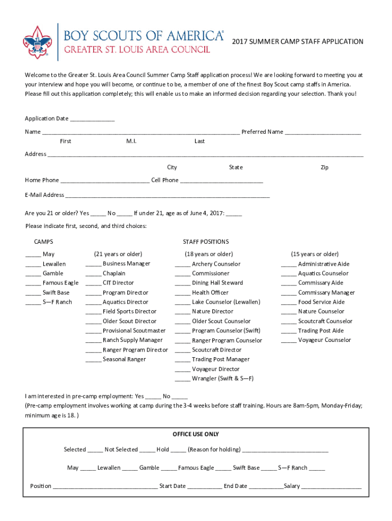 Fillable Online 2016 Camp Staff Application.pub Fax Email Print pdfFiller