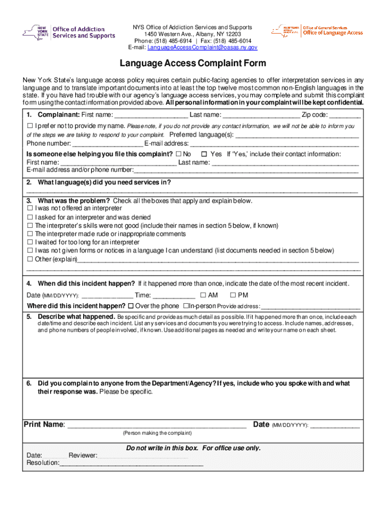 Fillable Online oasas ny Complaints about New York State Hospitals and