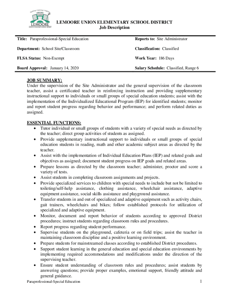 Fillable Online Job Description Special Education Paraprofessional/Aide
