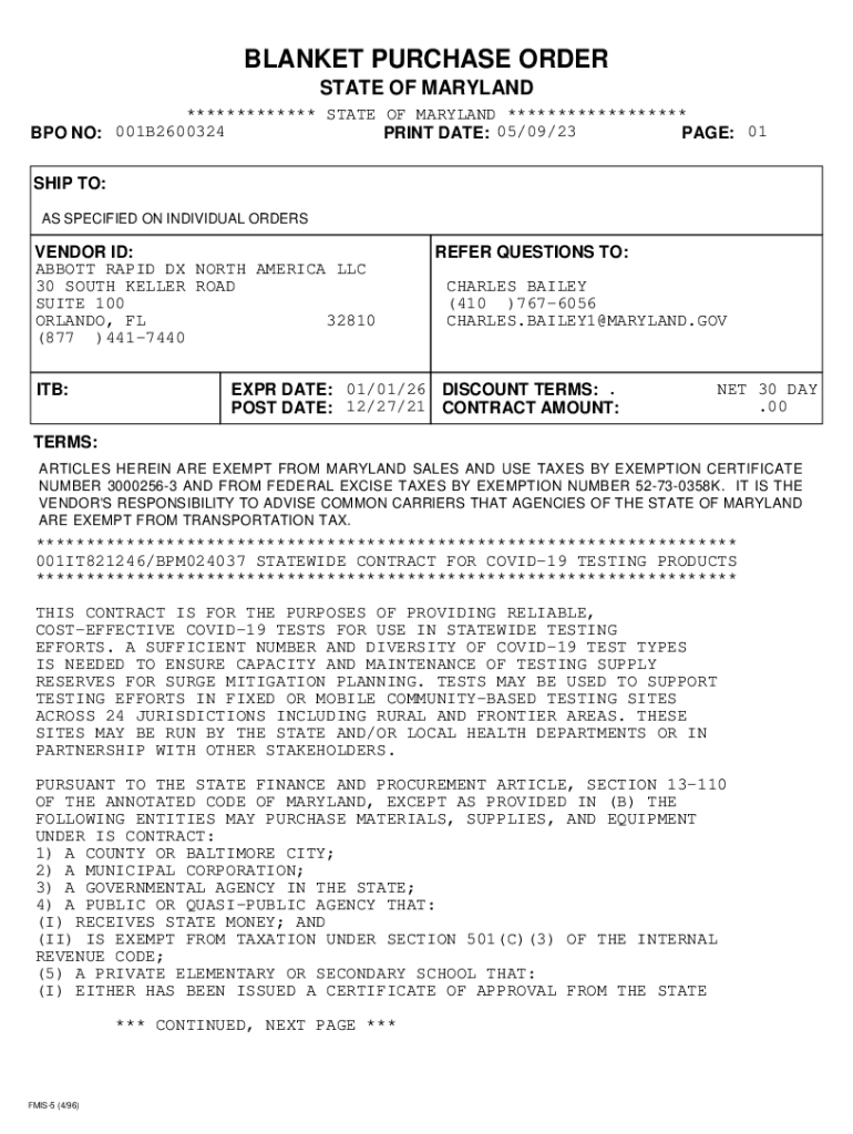 Fillable Online dgs maryland PDF version of FMIS Blanket Purchase Order. Blanket Purchase Order