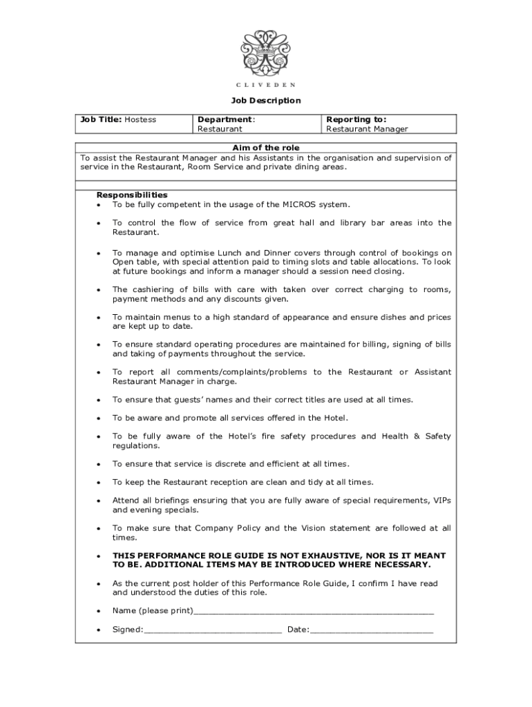 Fillable Online Best Restaurant Supervisor Job Description Template Fax 
