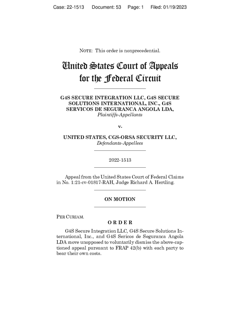 Fillable Online cafc uscourts G4S SECURE INTEGRATION LLC v. US ORDER