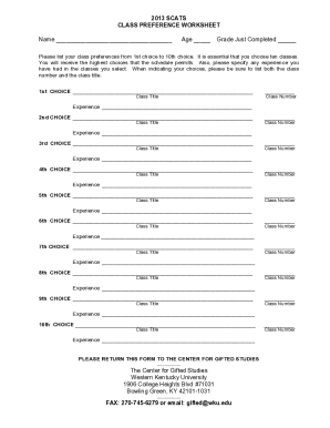 Fillable Online 13 SCATS class preferences Worksheet Fax Email Print